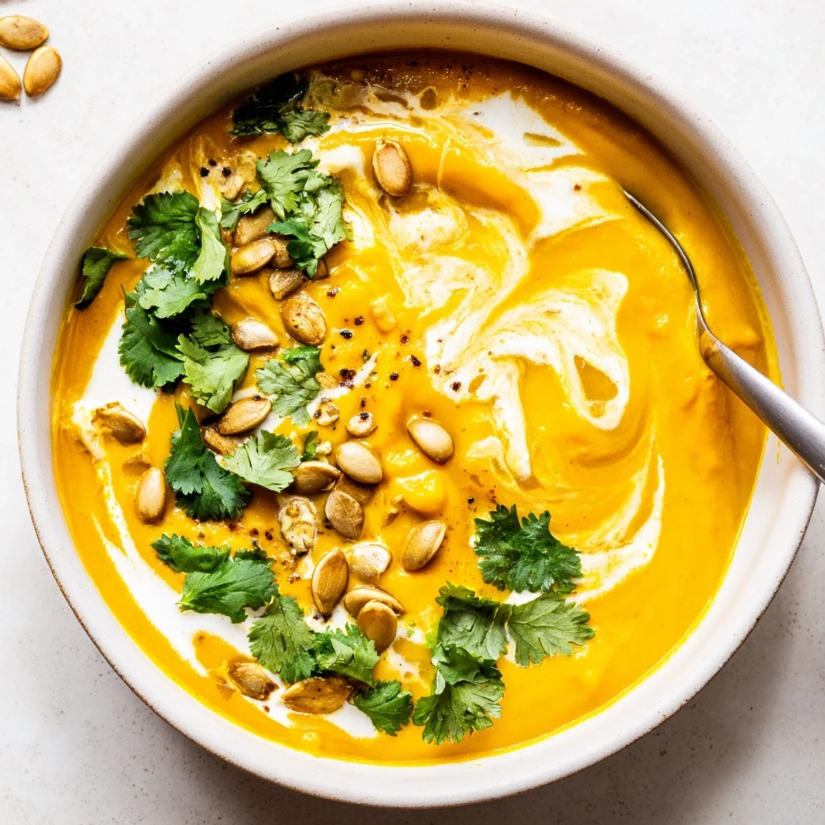Silky smooth spiced butternut coconut soup ladled into serving bowls with crusty bread on the side
