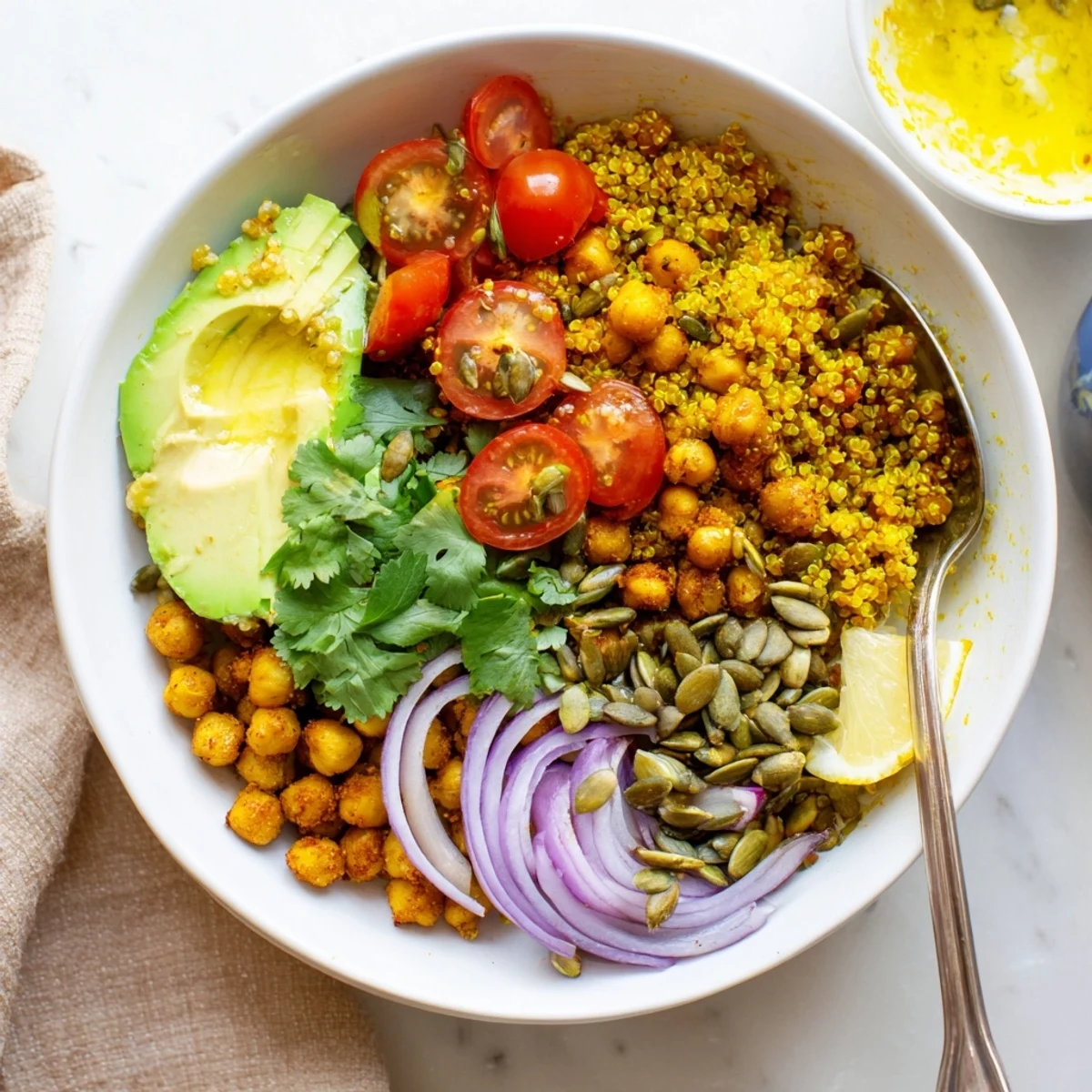 Golden turmeric quinoa bowl topped with spiced chickpeas, creamy avocado slices, and fresh cherry tomatoes