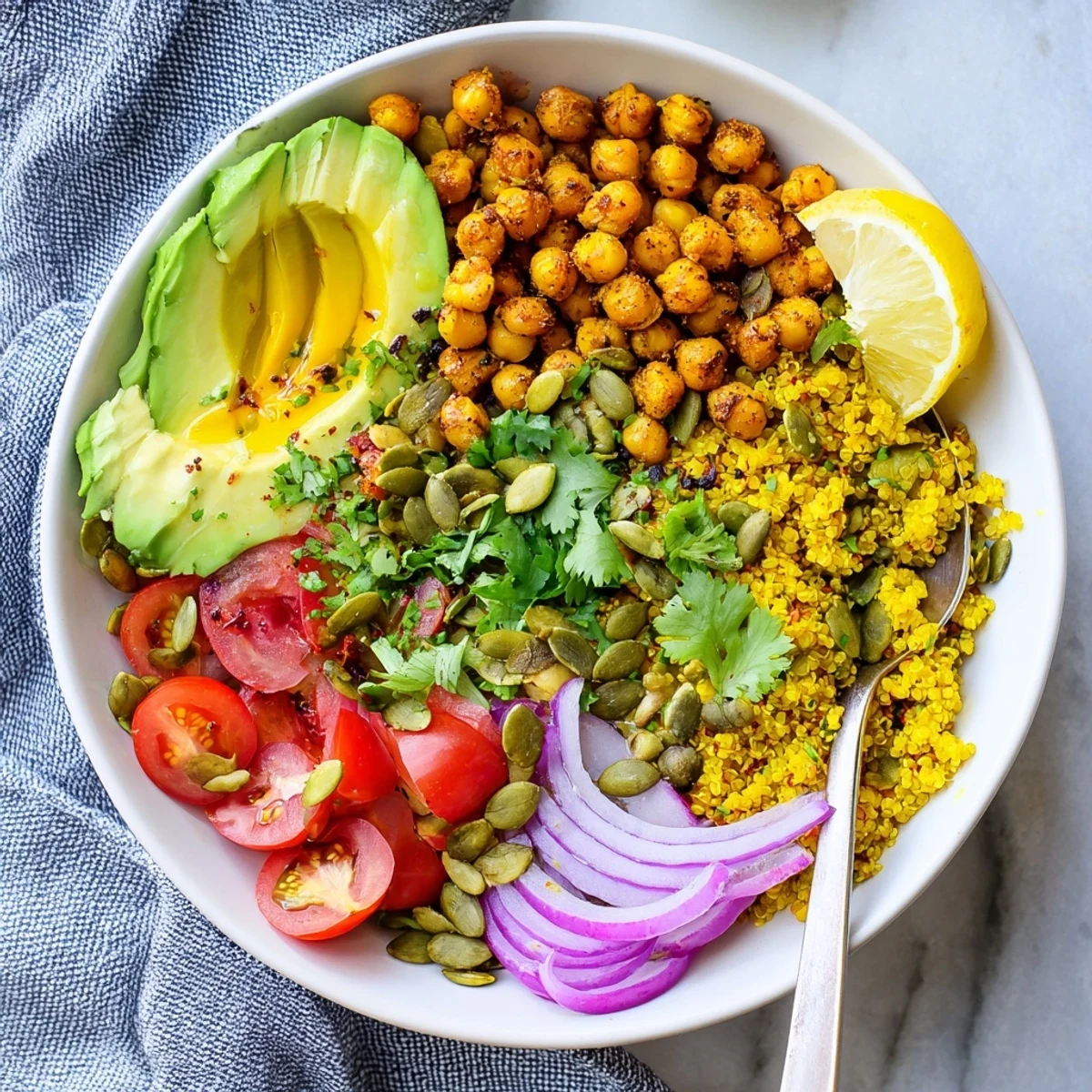 Savory breakfast bowl featuring turmeric quinoa base with protein-packed chickpeas and sliced ripe avocado