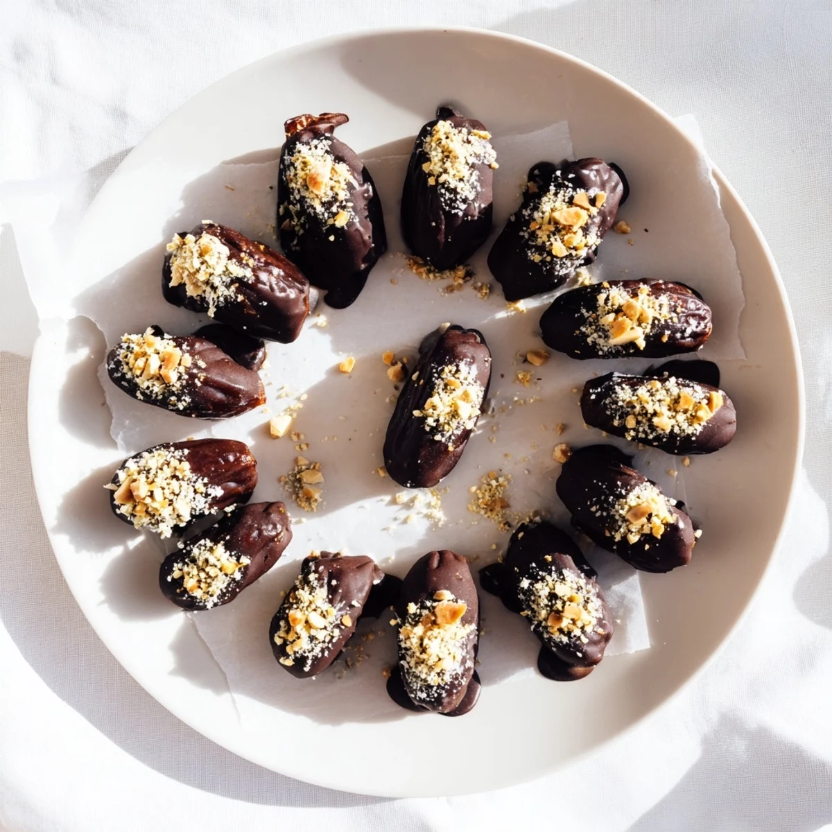 Bite-sized chocolate covered cashew date bites arranged on white parchment paper, garnished with flaky sea salt