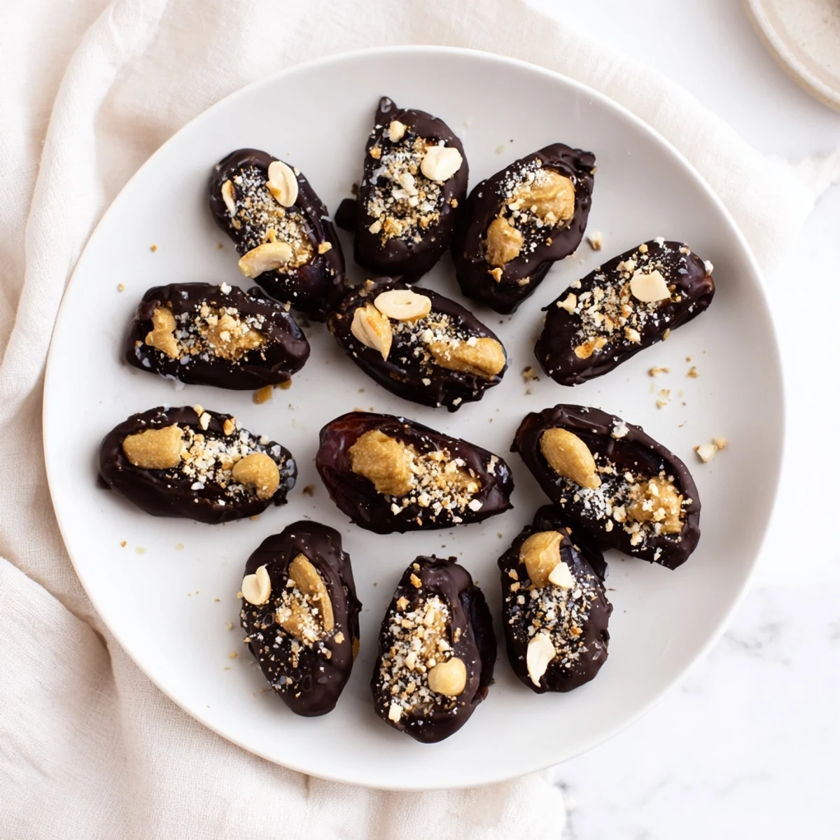 Dark chocolate dipped chocolate covered cashew date bites sprinkled with chopped cashews on a serving platter