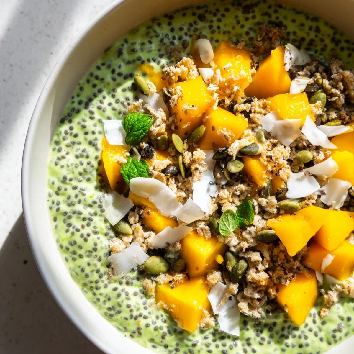 Creamy coconut matcha mango chia breakfast bowl topped with fresh fruit and crunchy granola