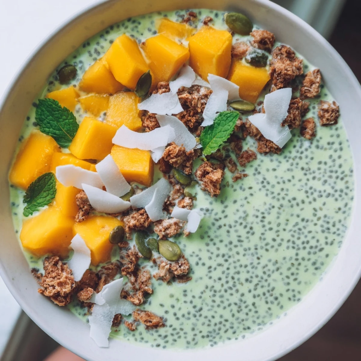 Vibrant layered coconut matcha mango chia breakfast bowl with diced mango and coconut flakes