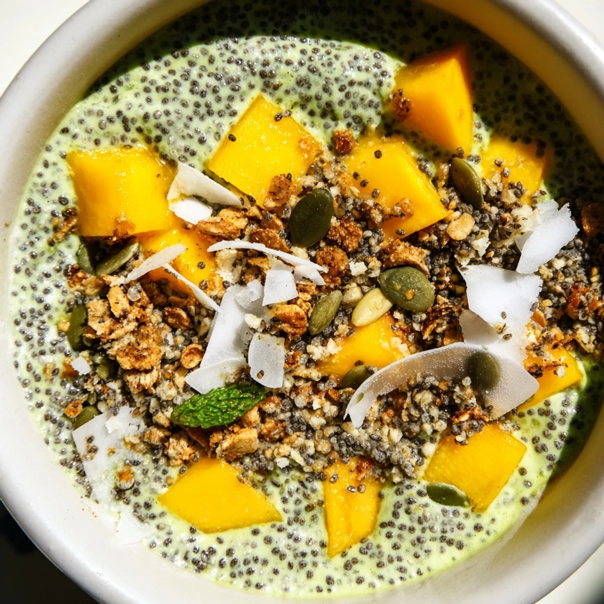 Green coconut matcha mango chia breakfast bowl garnished with pumpkin seeds and fresh mint