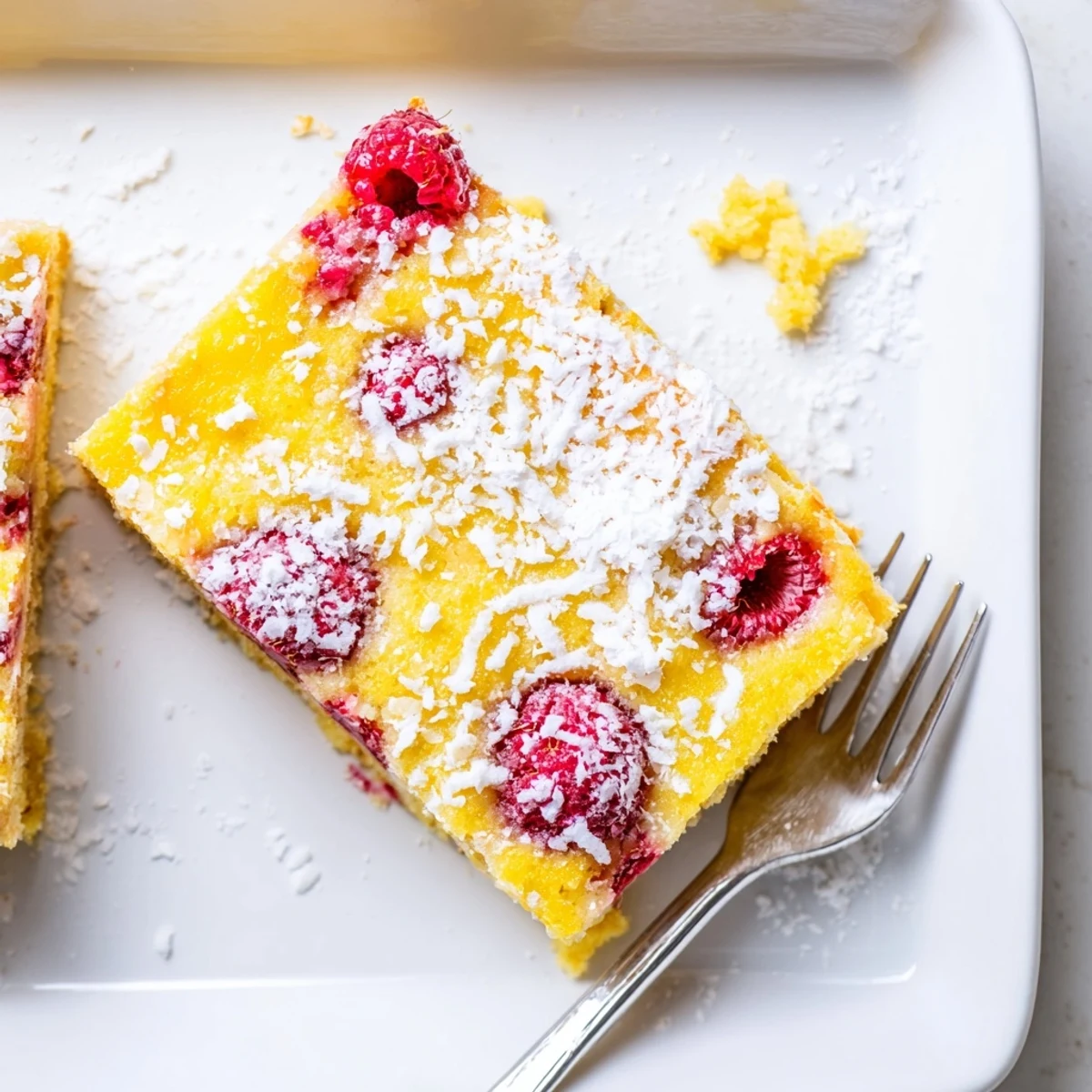 Golden raspberry lemon coconut bars sliced on a white plate with powdered sugar dusting