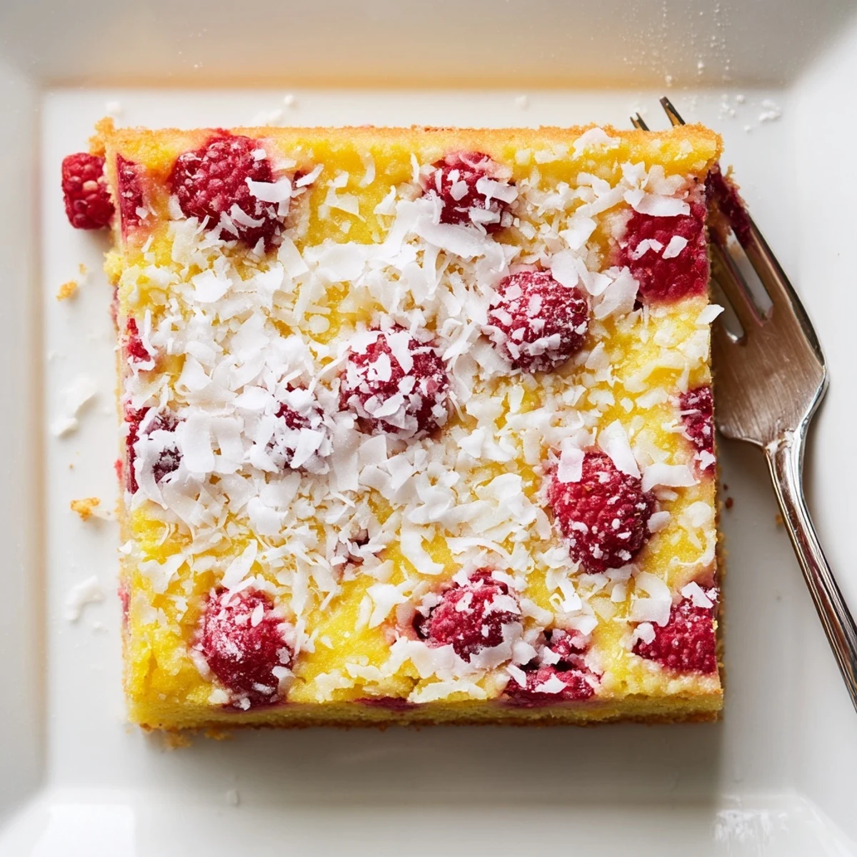 Square raspberry lemon coconut bars featuring zesty filling and vibrant red berry swirls