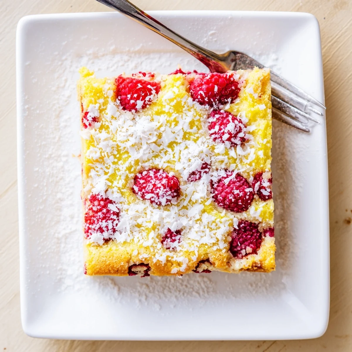 Tangy lemon bars topped with fresh raspberries and toasted coconut on a wooden board