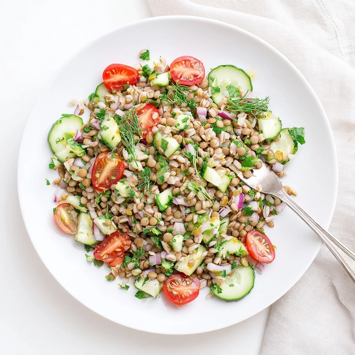 Colorful herbed lentil and brown rice grain salad with fresh vegetables in a white bowl