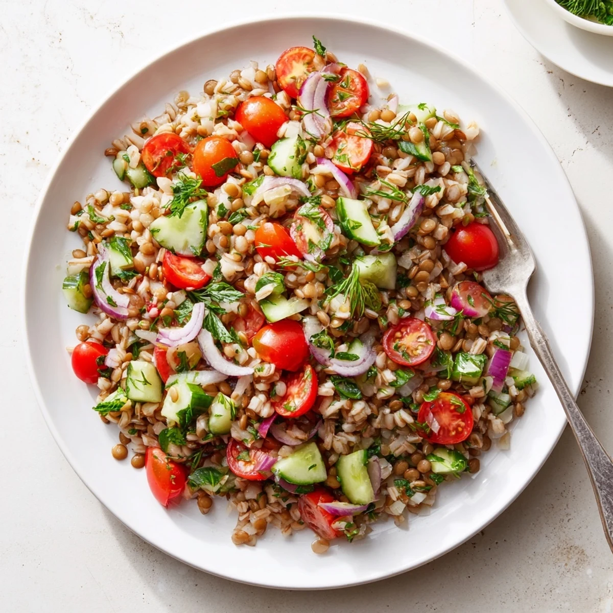 Fresh herbed lentil and brown rice salad tossed with zesty lemon dressing and chopped vegetables