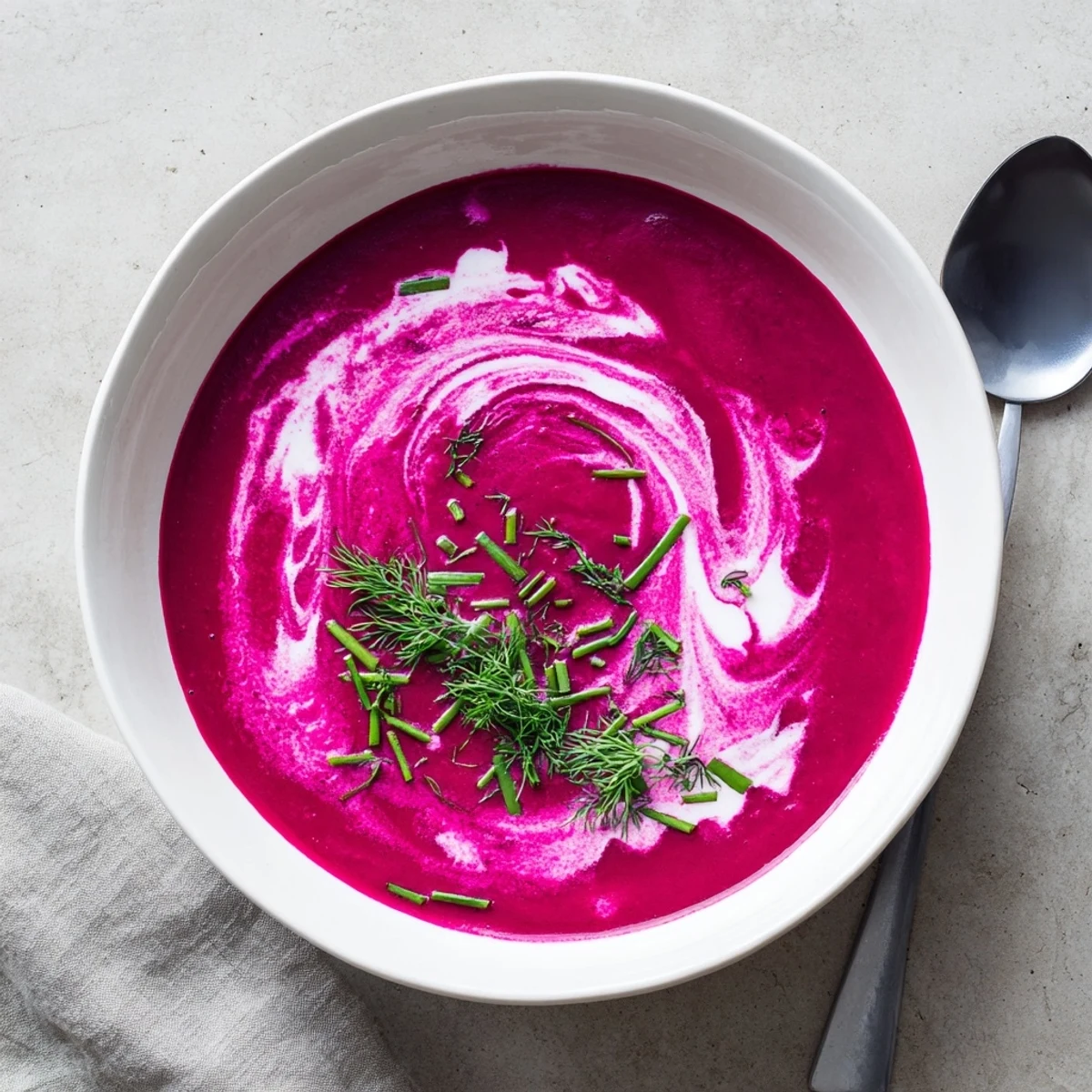 Vibrant magenta bowl of hearty beet garlic soup with smooth velvety texture