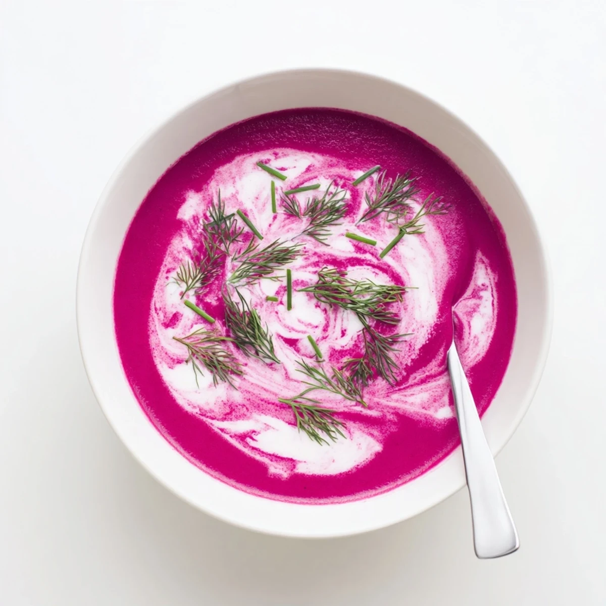 Rich creamy roasted beet and garlic soup garnished with fresh green dill