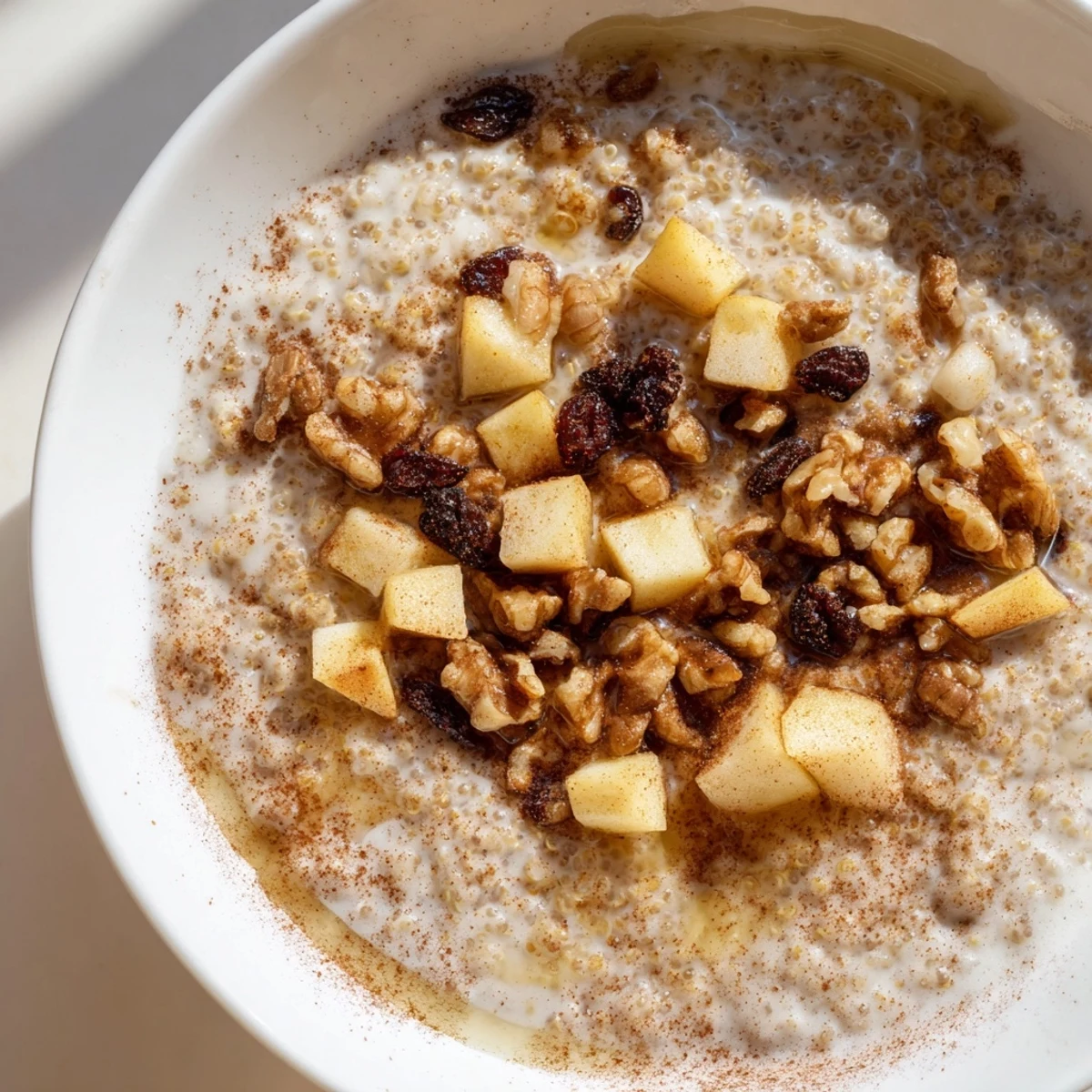 Fluffy quinoa breakfast bowl with diced apples cinnamon spices and maple syrup garnish