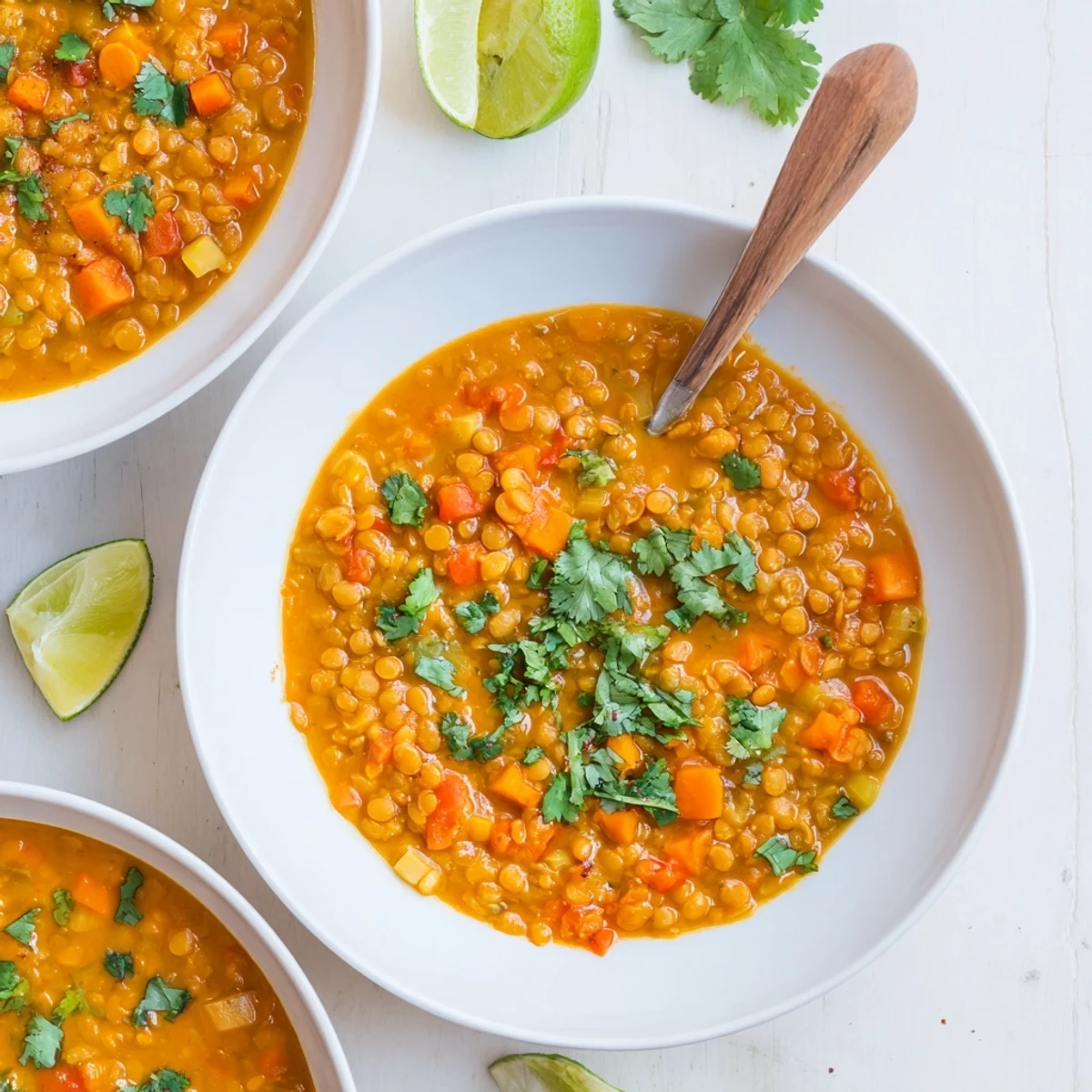 Creamy spiced tomato coconut lentil soup garnished with fresh cilantro and lime wedges