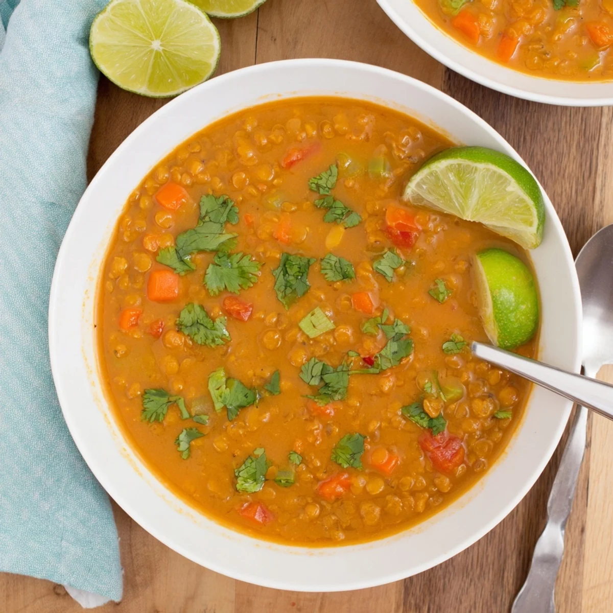 Hearty bowl of spiced tomato coconut lentil soup with red lentils and aromatic spices