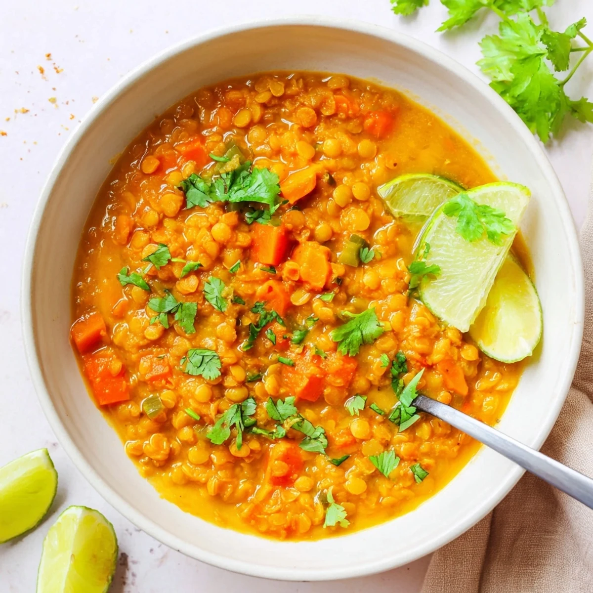 Golden spiced tomato coconut lentil soup served hot with crusty bread and fresh herbs
