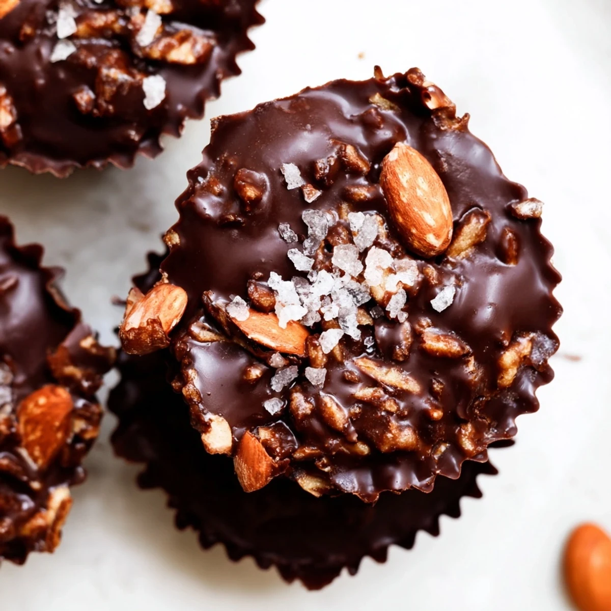 Bite-sized chocolate almond butter crunch cups topped with flaky sea salt on a white plate
