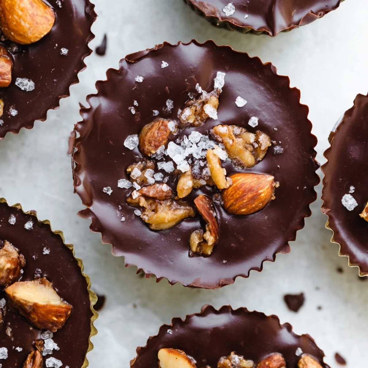 Rich dark chocolate almond butter crunch cups revealing creamy almond butter and crispy rice center