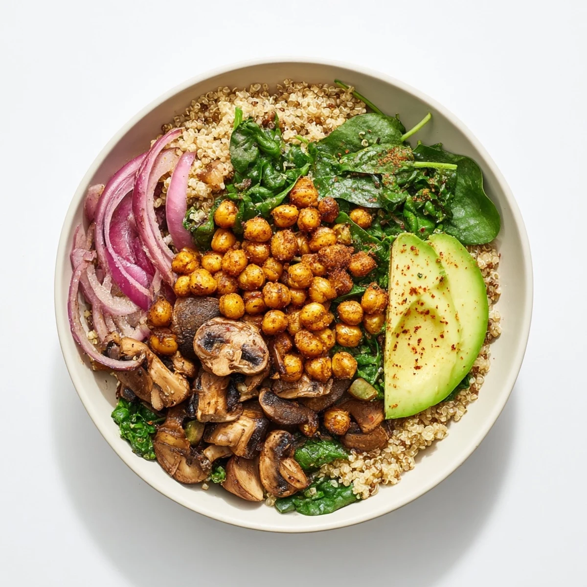 Golden garlic mushroom chickpea breakfast bowl topped with fresh avocado slices and vibrant greens