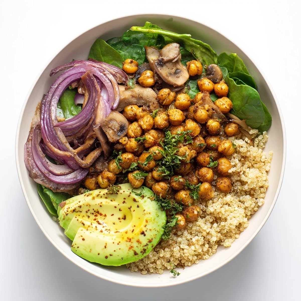 Plant-based savory garlic mushroom chickpea breakfast bowl featuring crispy spiced legumes and wilted spinach