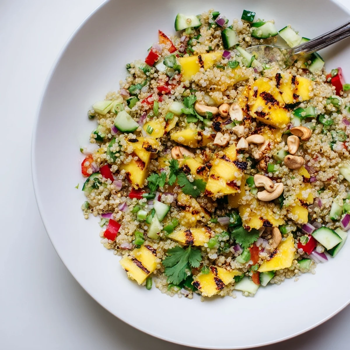 Colorful grilled mango and chili quinoa grain salad featuring charred fruit and fresh vegetables in a bowl