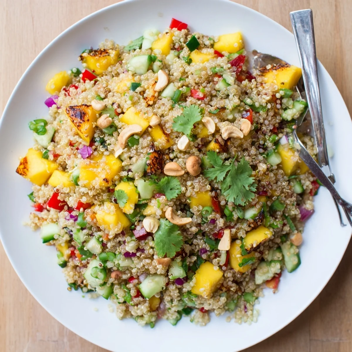 Fusion grain salad showcasing grilled caramelized mango wedges, quinoa, diced vegetables, and zesty chili lime vinaigrette
