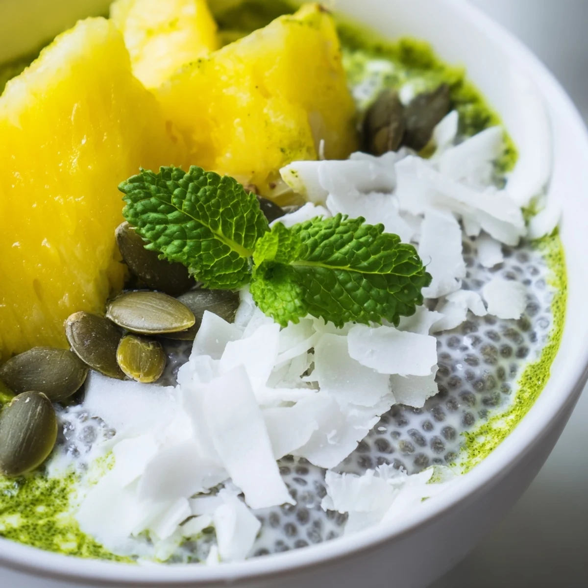 Vibrant pineapple matcha coconut chia breakfast bowl topped with fresh fruit, shredded coconut, and mint in glass serving bowls