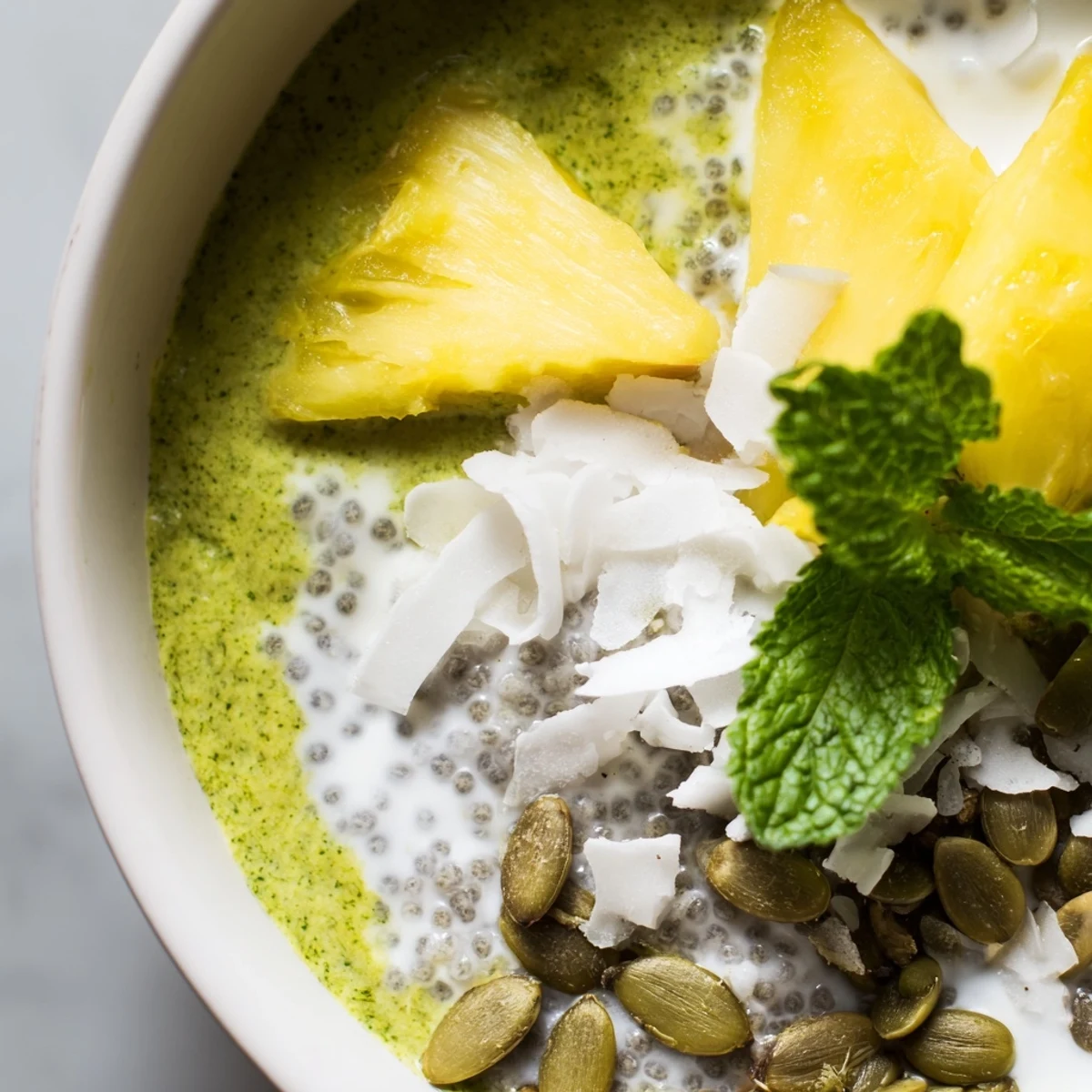 Creamy coconut chia pudding layered with bright green matcha yogurt and sweet diced pineapple chunks with crunchy toppings