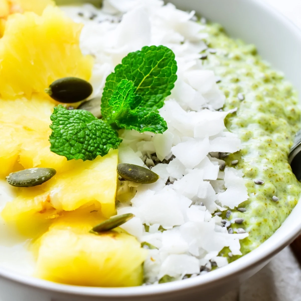 Tropical breakfast bowl featuring pineapple matcha coconut chia pudding garnished with pumpkin seeds, coconut flakes, and fresh mint leaves