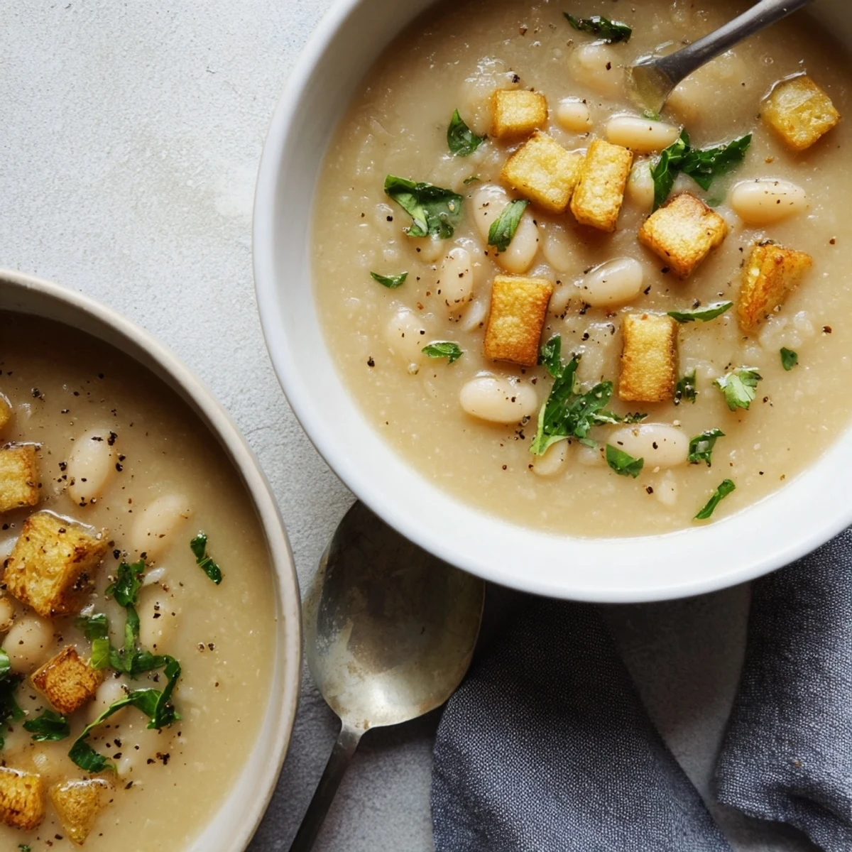 Velvety white bean and turnip soup served with crusty bread on a wooden table