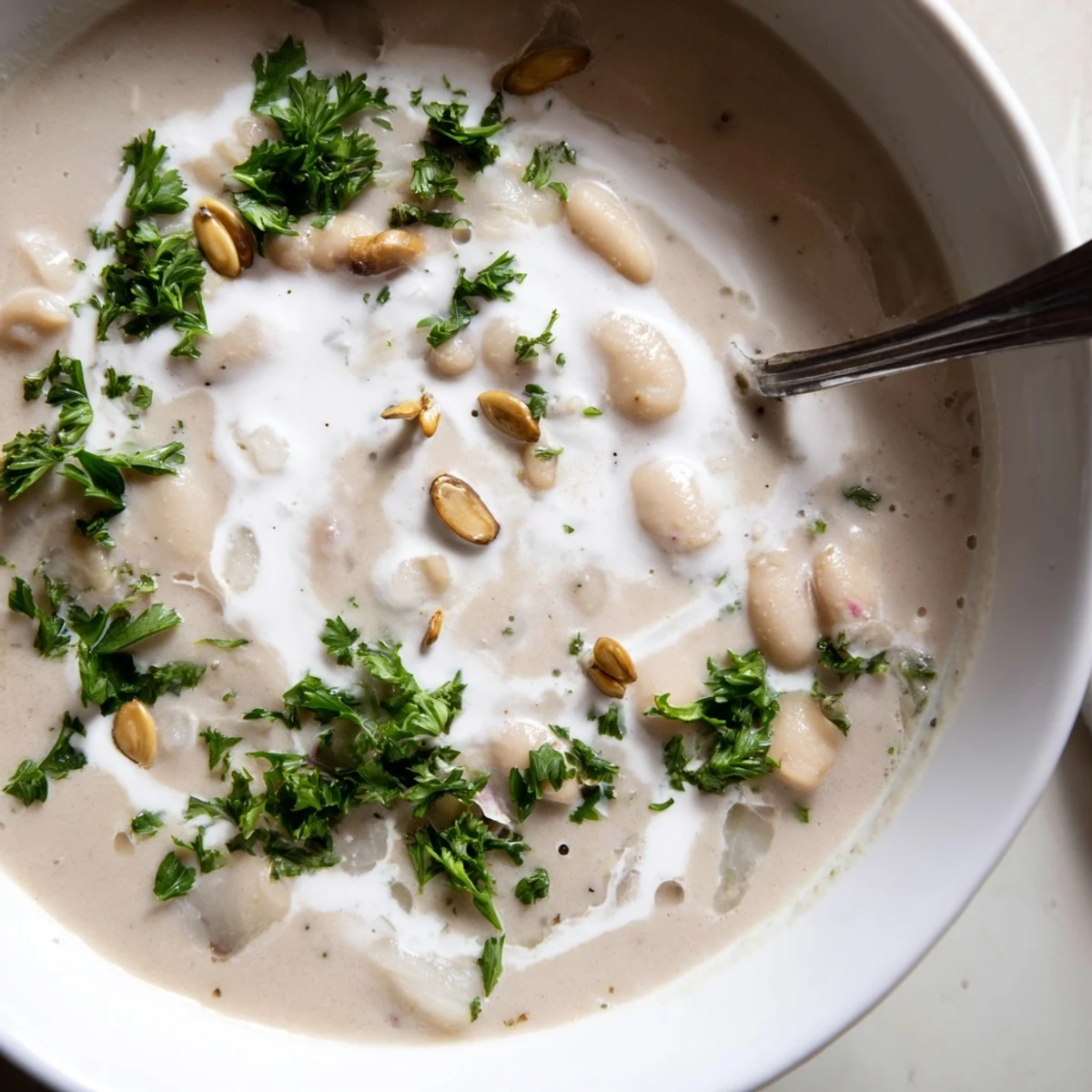 Creamy roasted radish and white bean soup garnished with fresh parsley in a white bowl