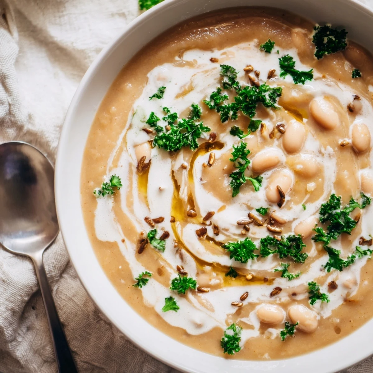 Savory roasted radish white bean soup with crusty bread on a rustic wooden table