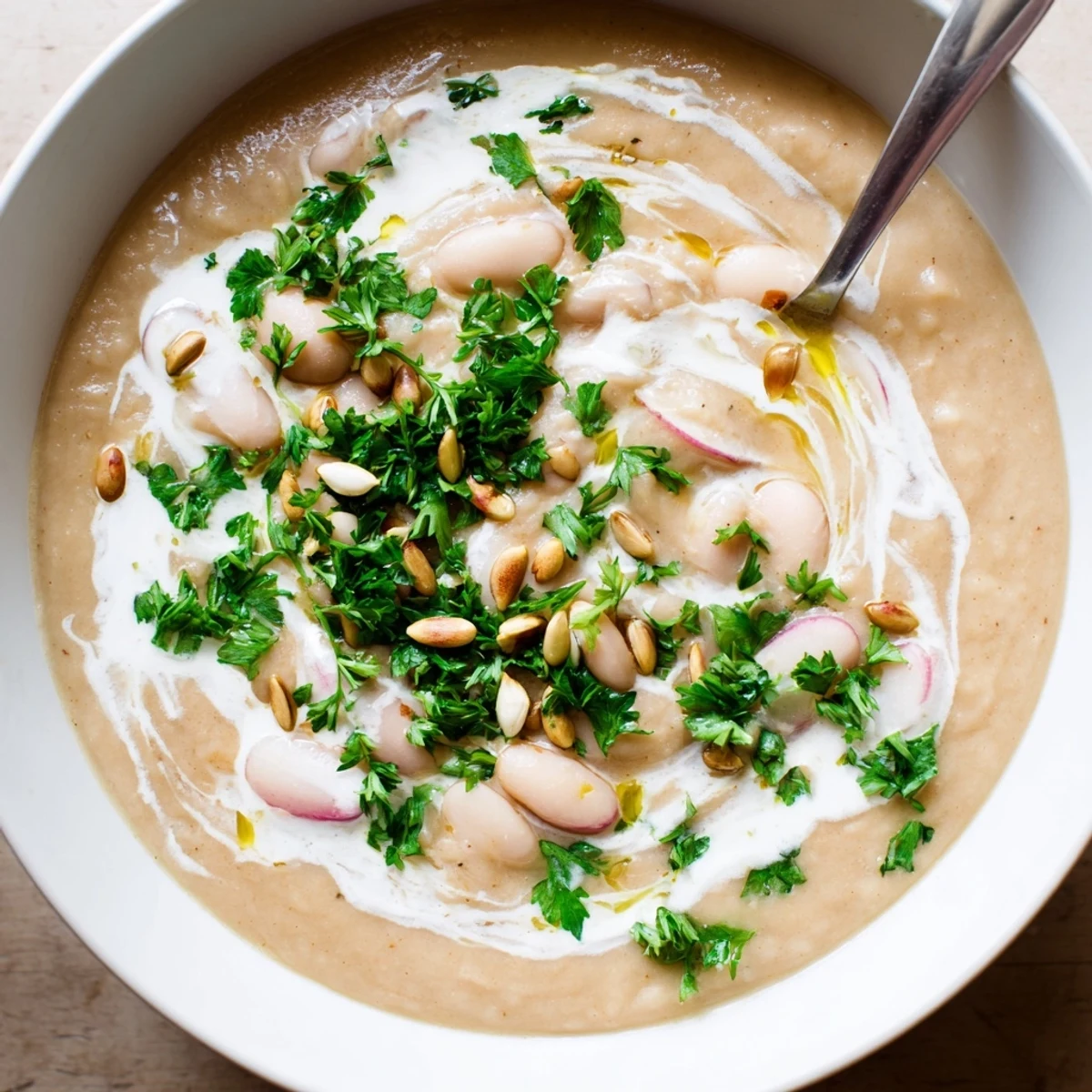 Velvety white bean and roasted radish soup drizzled with cream and topped with croutons