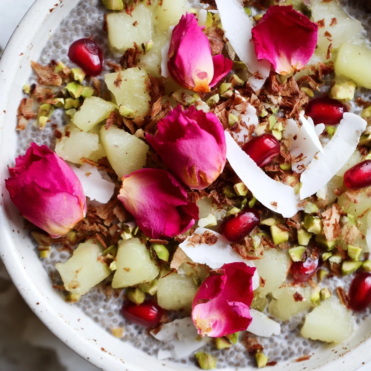Creamy lychee rose coconut chia breakfast bowl topped with fresh fruit and toasted coconut flakes