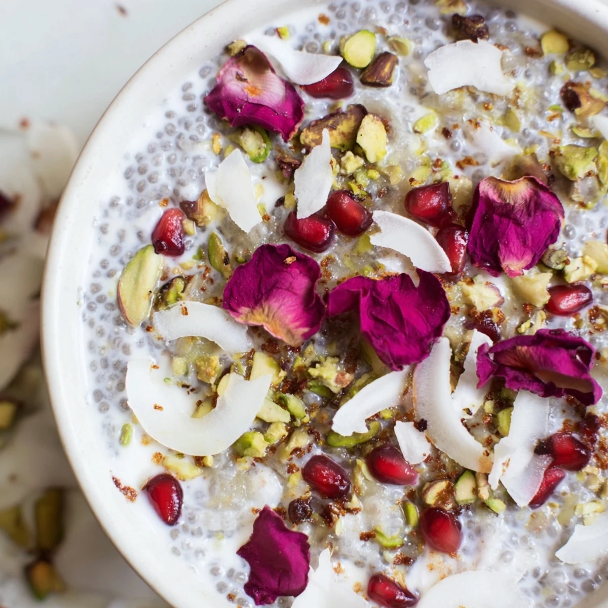 Vegan lychee rose coconut chia breakfast bowl garnished with pistachios pomegranate and edible rose petals