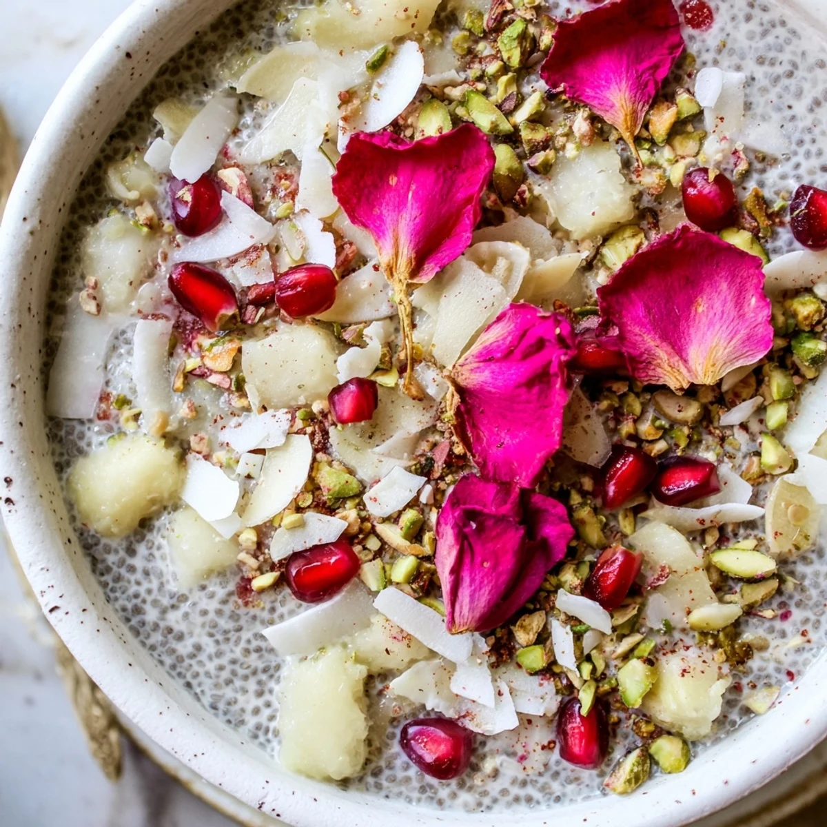Overnight lychee rose coconut chia breakfast bowl served chilled with chopped lychees and coconut milk drizzle