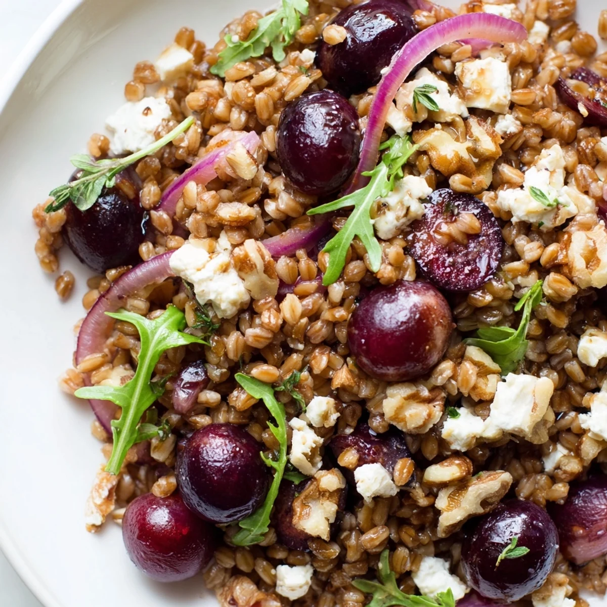 Golden bowl of roasted grape and thyme farro grain salad topped with crumbled feta and toasted walnuts