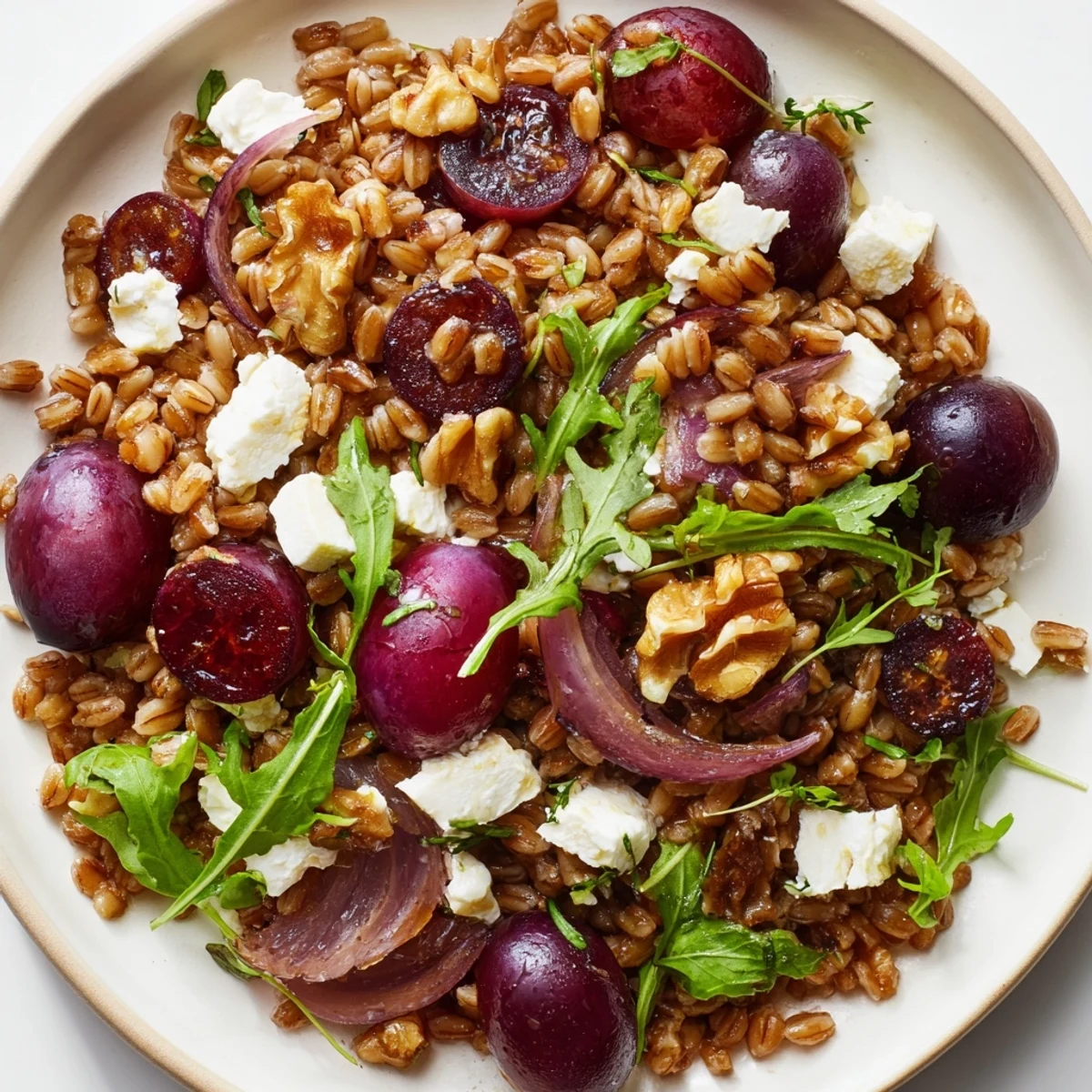 Hearty farro grain salad featuring sweet roasted red grapes, fresh thyme, and tangy vinaigrette on white background