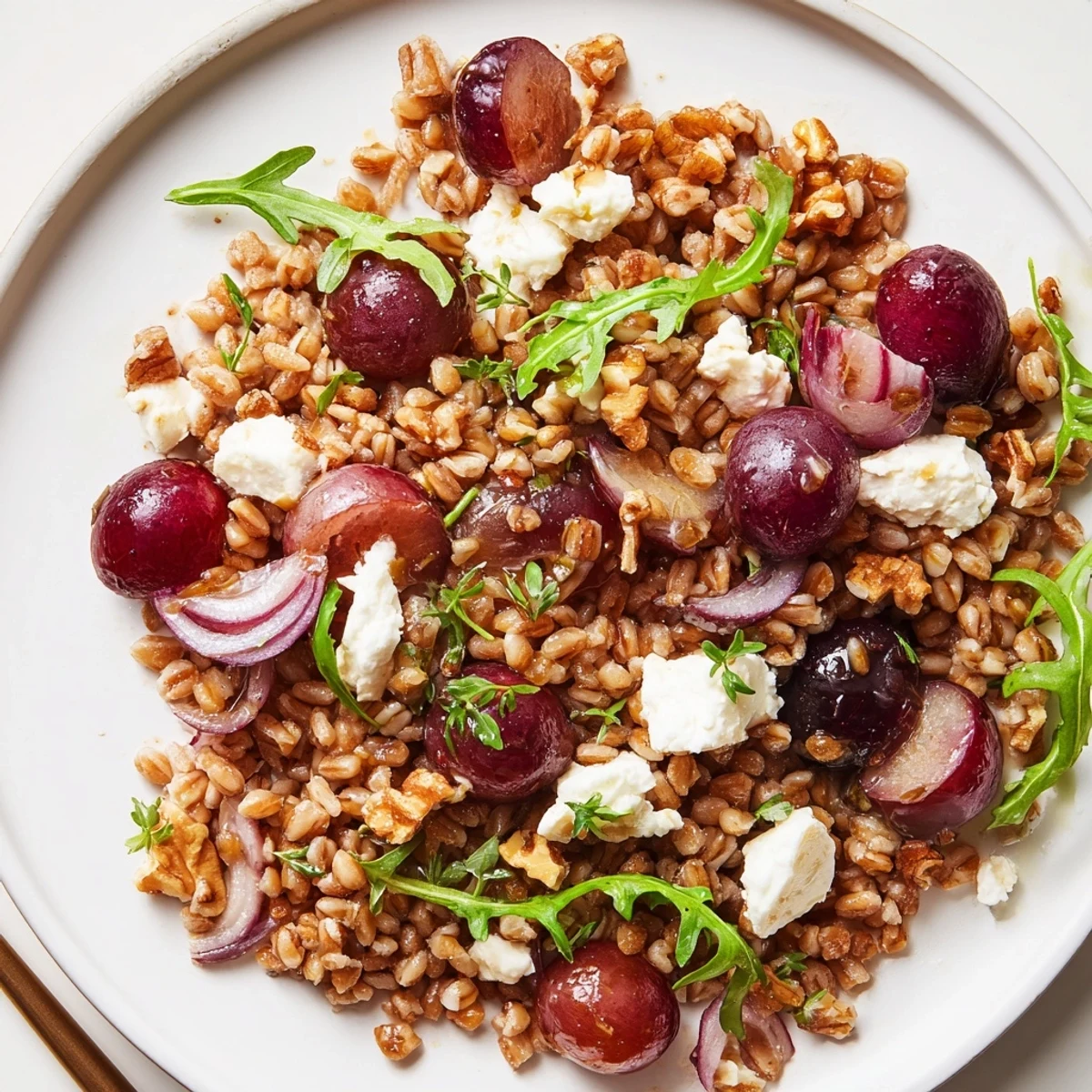 Colorful roasted grape and thyme farro salad with arugula, walnuts, and feta in rustic serving bowl