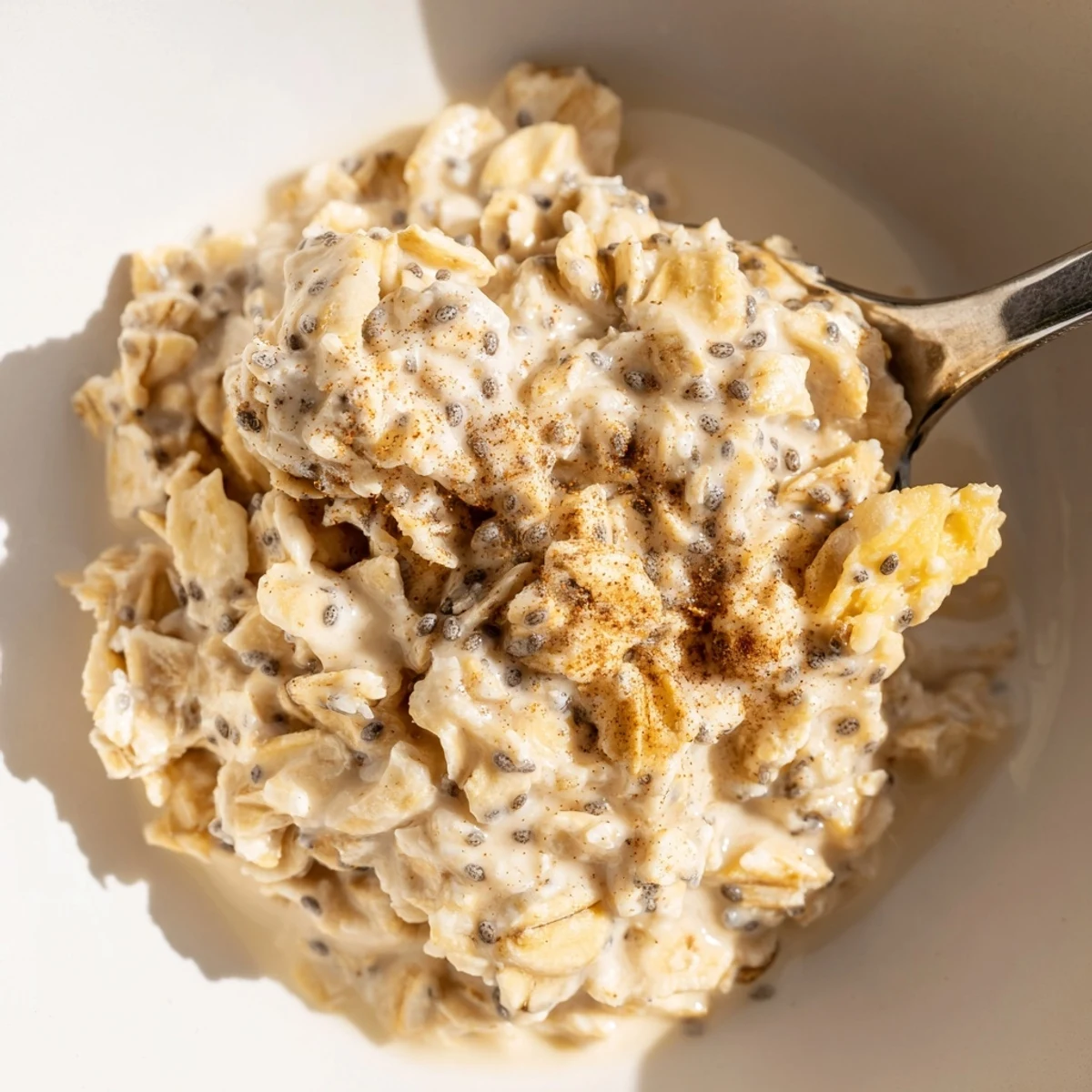 Warm vanilla-infused oat breakfast bowl garnished with sweet figs, toasted almonds, chia seeds, and sticky honey