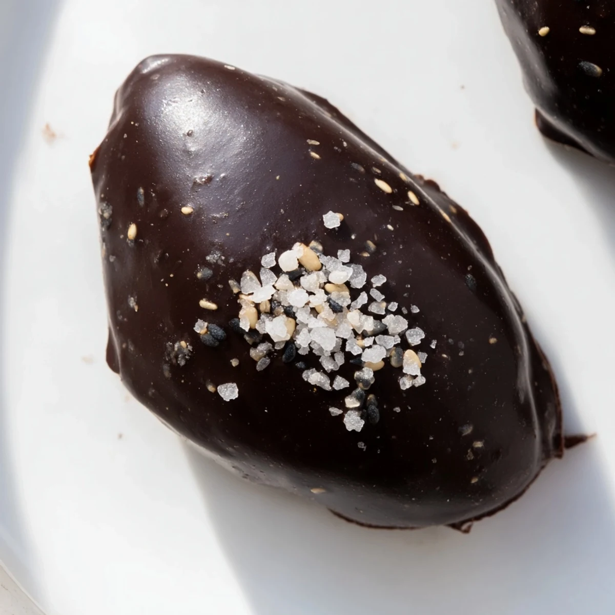 Chewy Medjool dates and crunchy sesame seeds coated in melted dark chocolate glistening under light