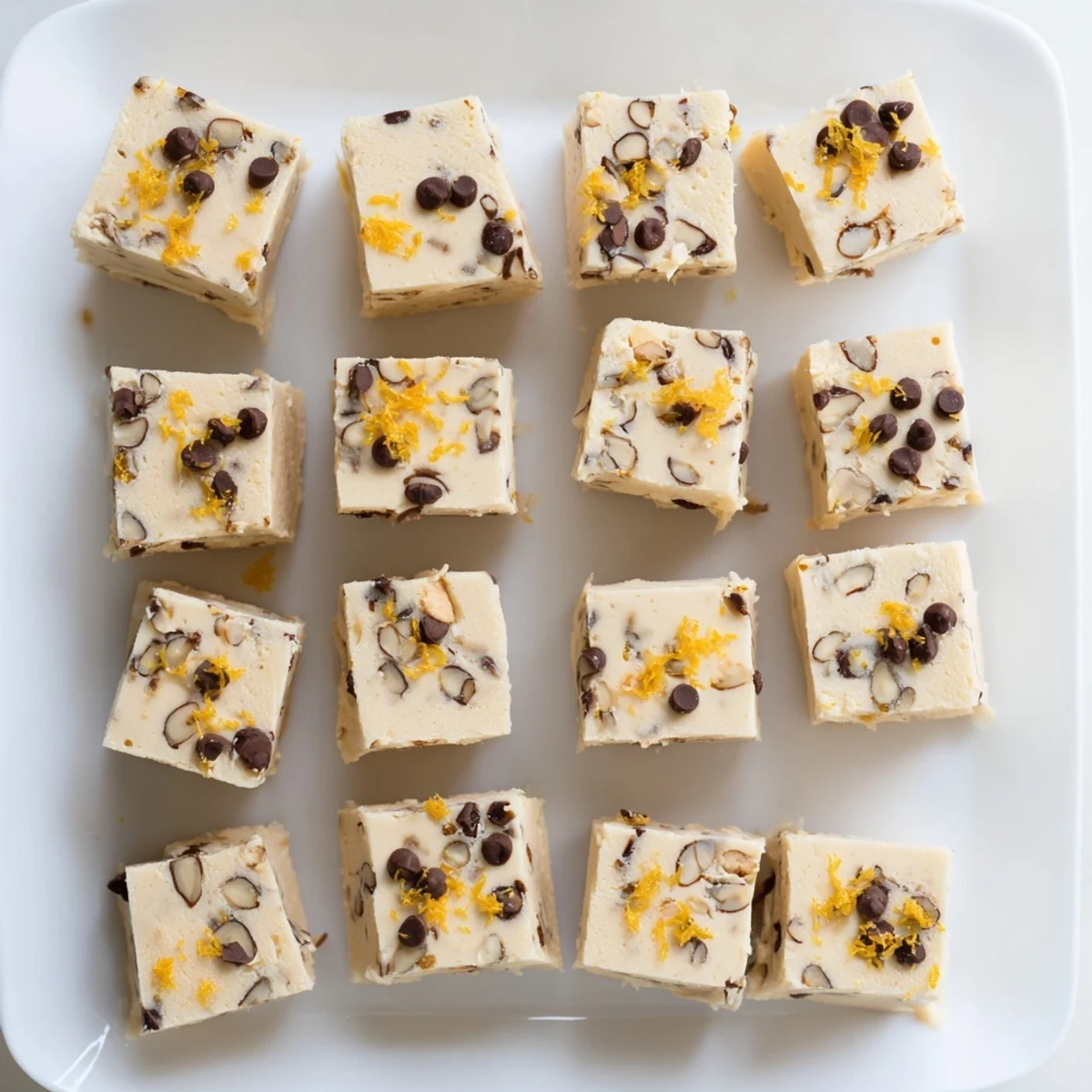 Creamy orange almond freezer fudge squares topped with fresh zest and chopped almonds