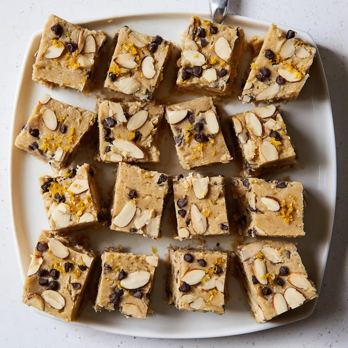 Garnished orange almond freezer fudge squares dusted with bright citrus zest on white plate
