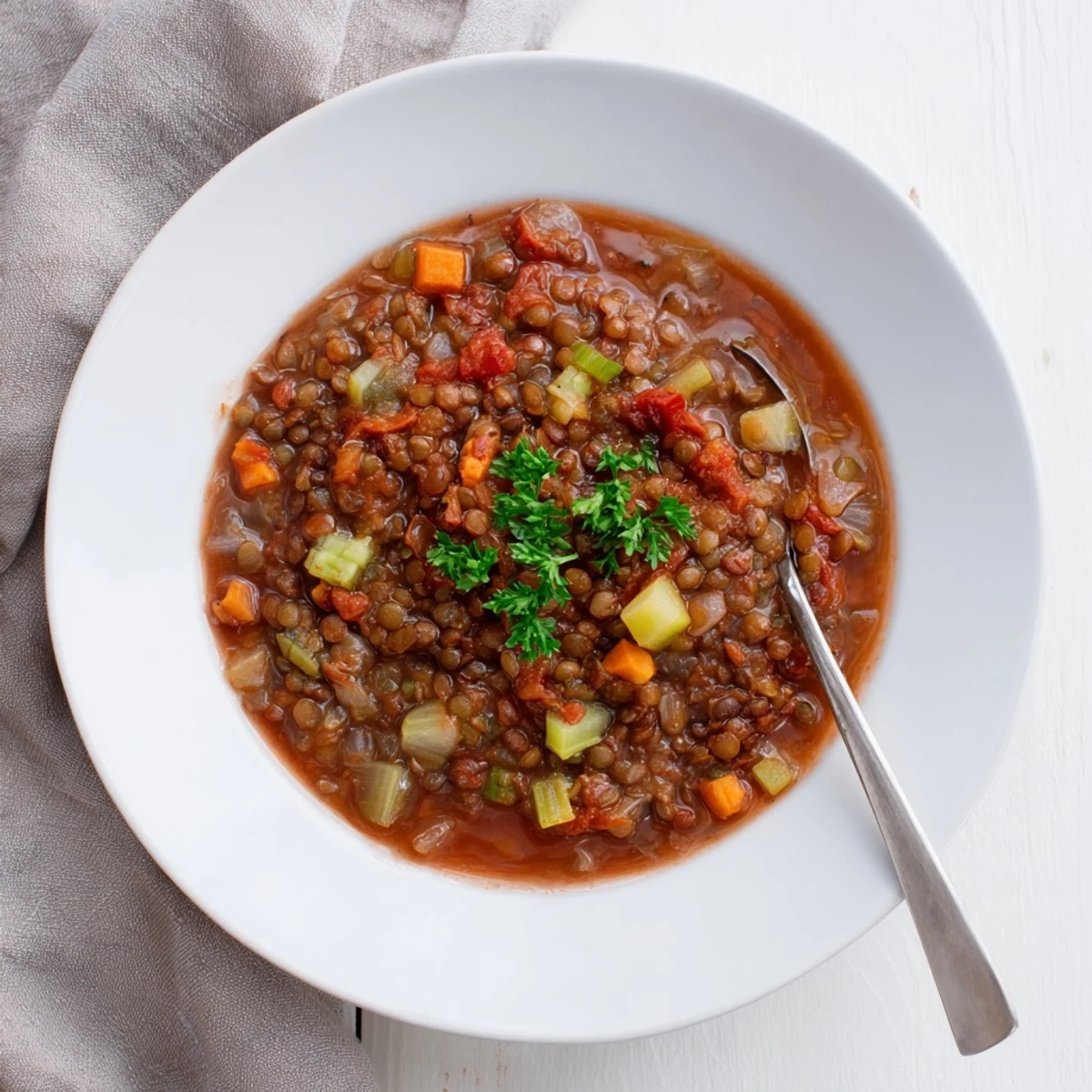 Rich smoky tomato black lentil hearty soup garnished with fresh parsley in a bowl