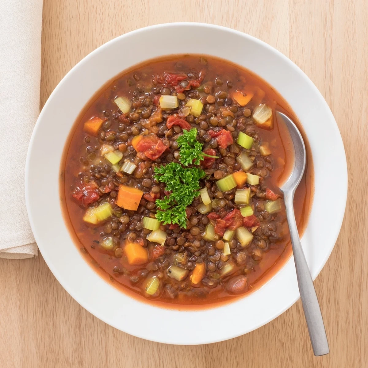 Dark black lentils simmered in smoky tomato broth with vibrant carrot and celery pieces