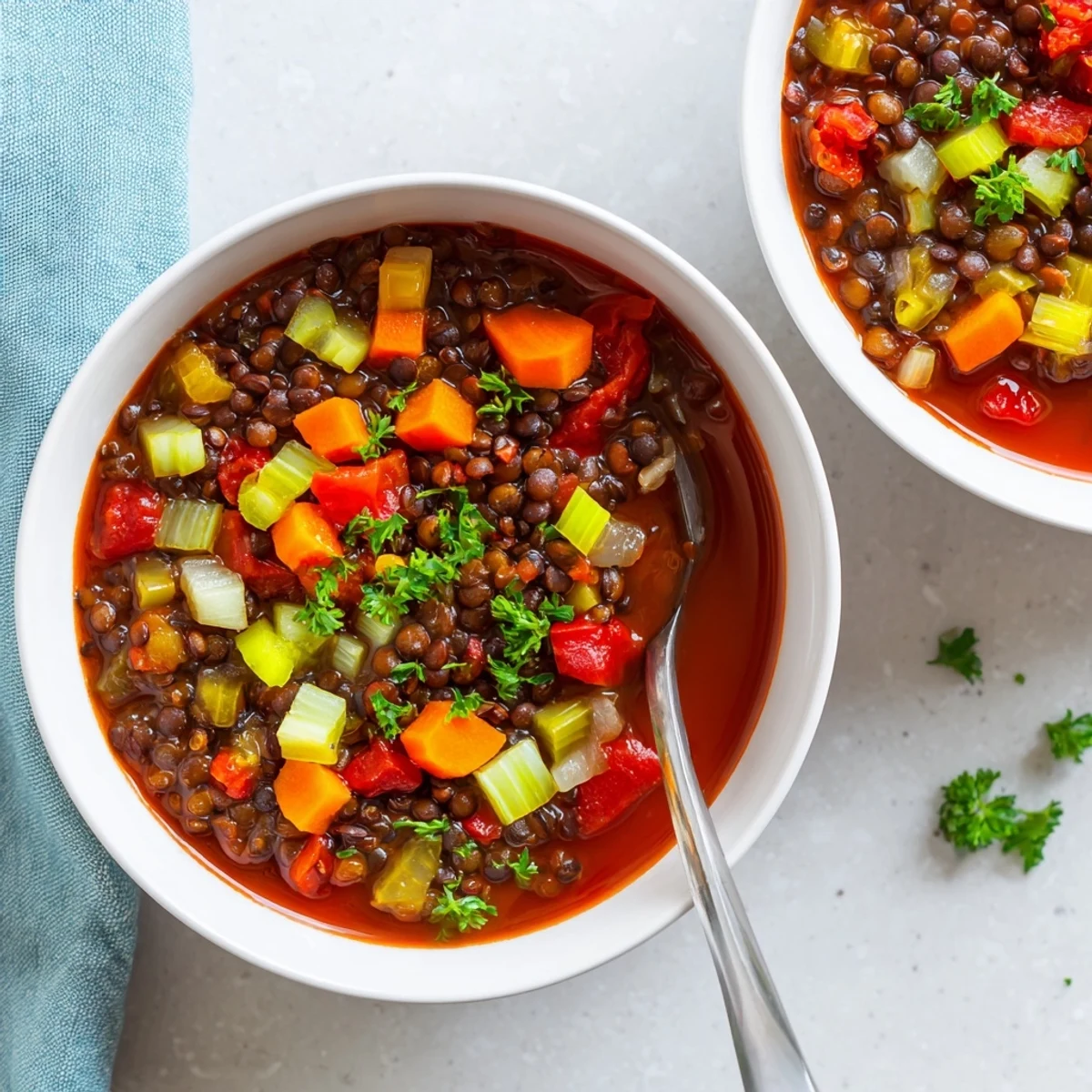 Steaming bowl of smoky tomato black lentil soup with diced vegetables and rustic crusty bread