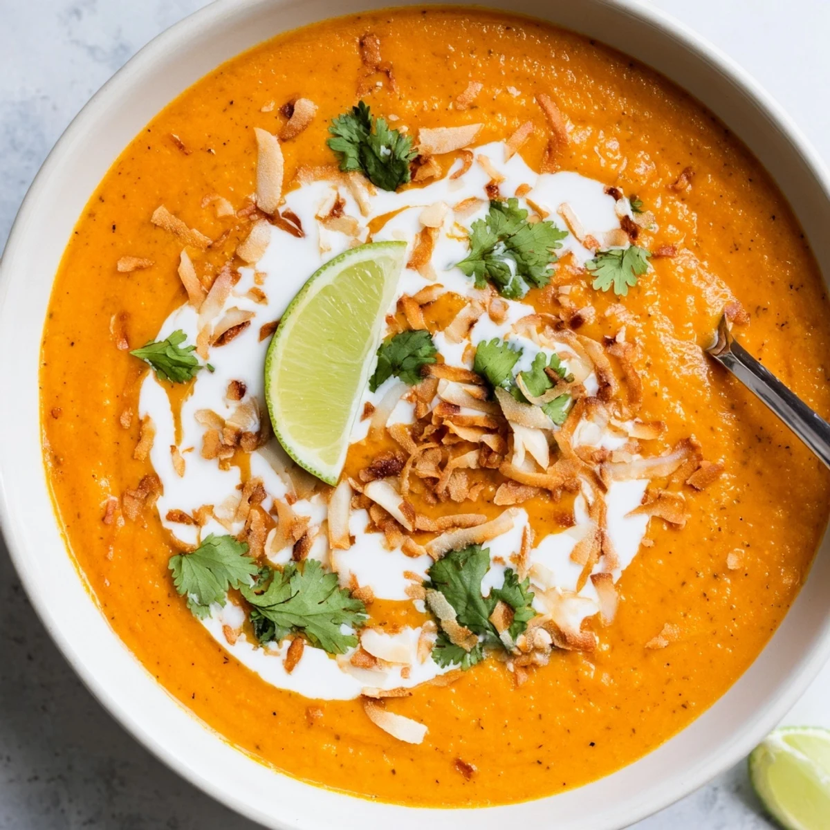 Golden bowl of hearty spiced carrot coconut red lentil soup drizzled with lime and served warm