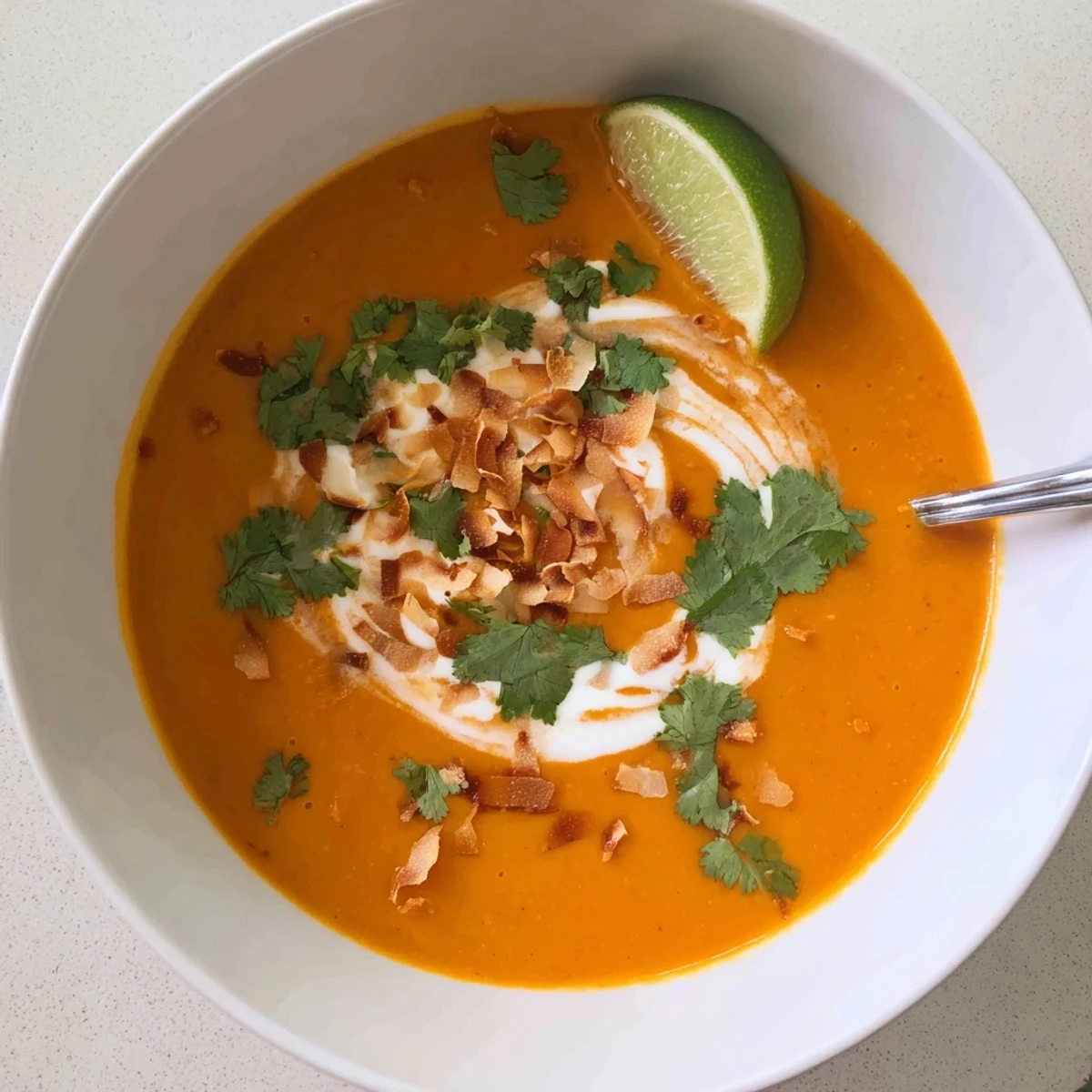 Creamy spiced carrot coconut red lentil soup garnished with fresh cilantro and toasted coconut flakes