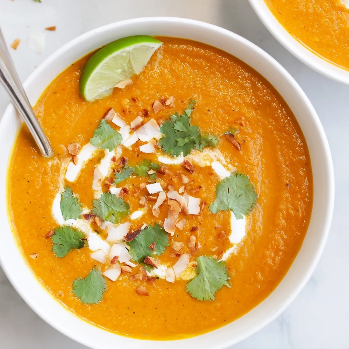 Smooth vegan spiced carrot coconut red lentil soup topped with green herbs and white coconut
