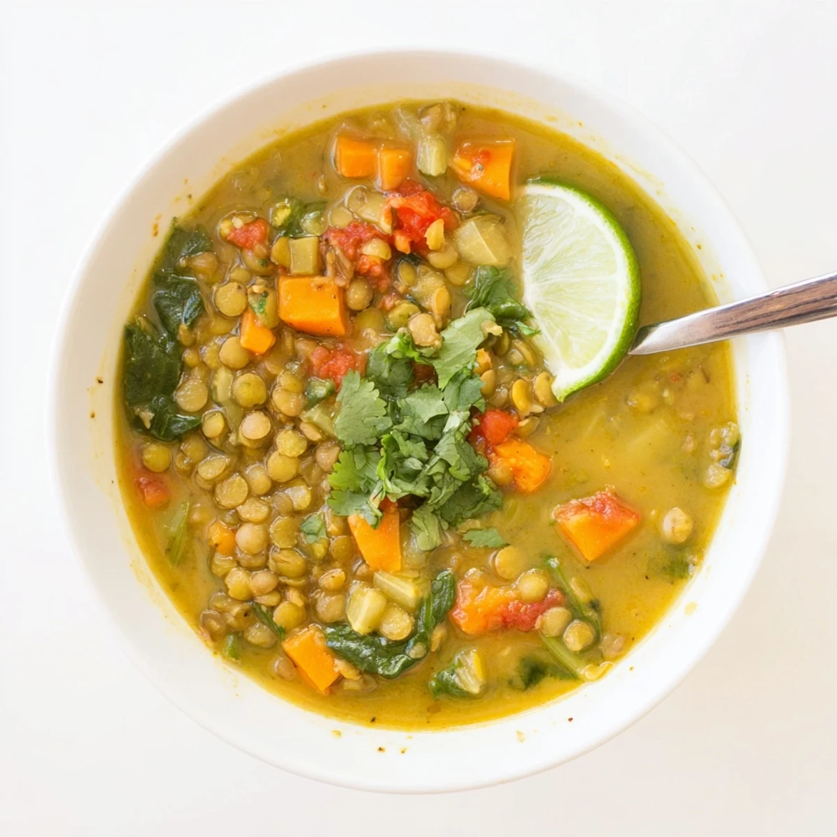 Creamy spiced coconut green lentil soup garnished with fresh cilantro and lime wedges in a bowl