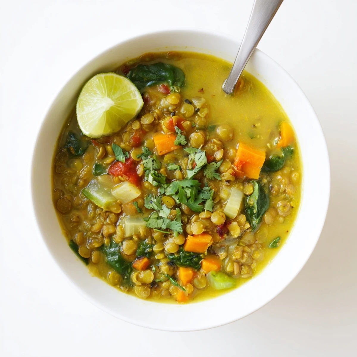 Steaming bowl of spiced coconut green lentil soup topped with chopped cilantro and served alongside warm bread